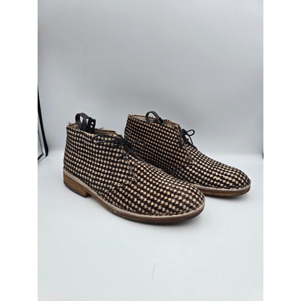 Handcrafted Houndstooth Pony Hair Desert Boots Mens Black Tan Crepe Sole YMC